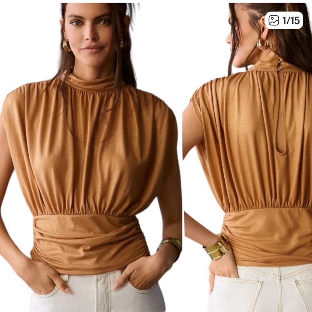 Anthropologie Maeve Ruched Metallic Muscle Tee Women’s Small in tan/gold